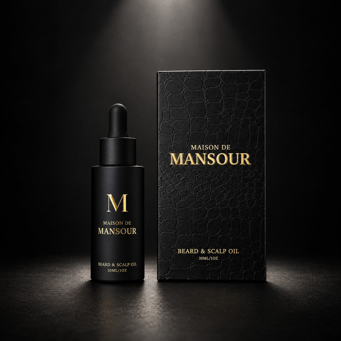 Beard & Scalp Oil bottle beside its Maison de Mansour gift box under a spotlight