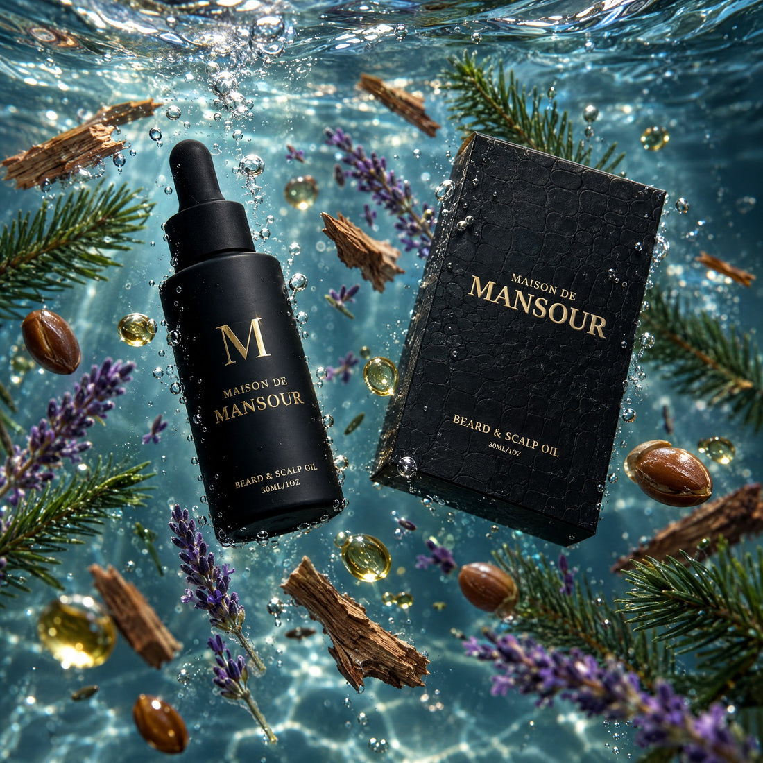 Beard & Scalp Oil bottle and gift box underwater among pine, cedarwood, lavender and argan