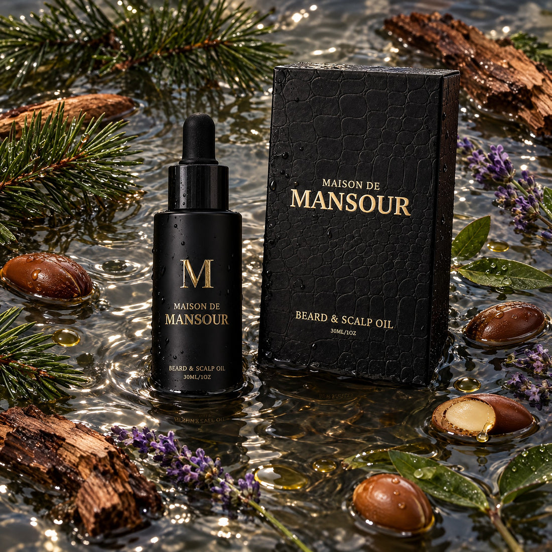 Beard & Scalp Oil bottle and gift box in water with pine, cedarwood, lavender and argan