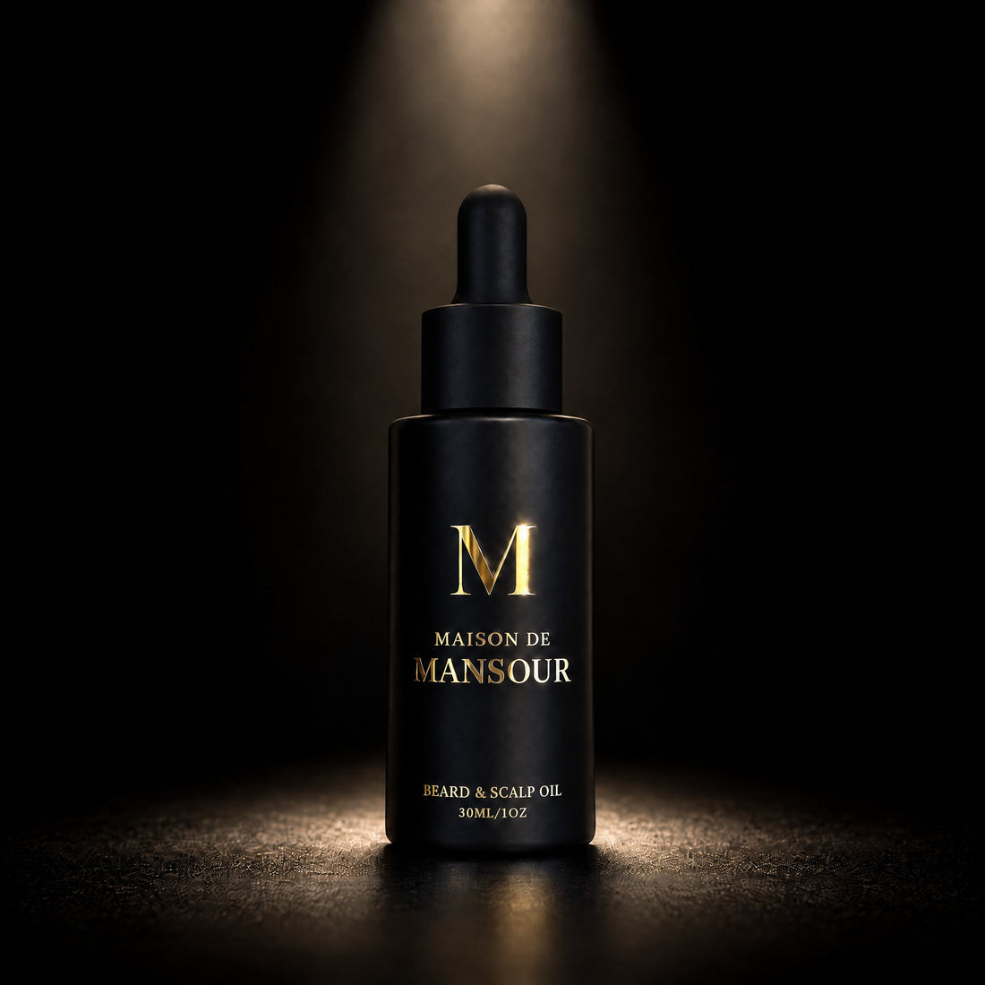 Maison de Mansour Beard & Scalp Oil, matte black 30ml dropper bottle under a spotlight