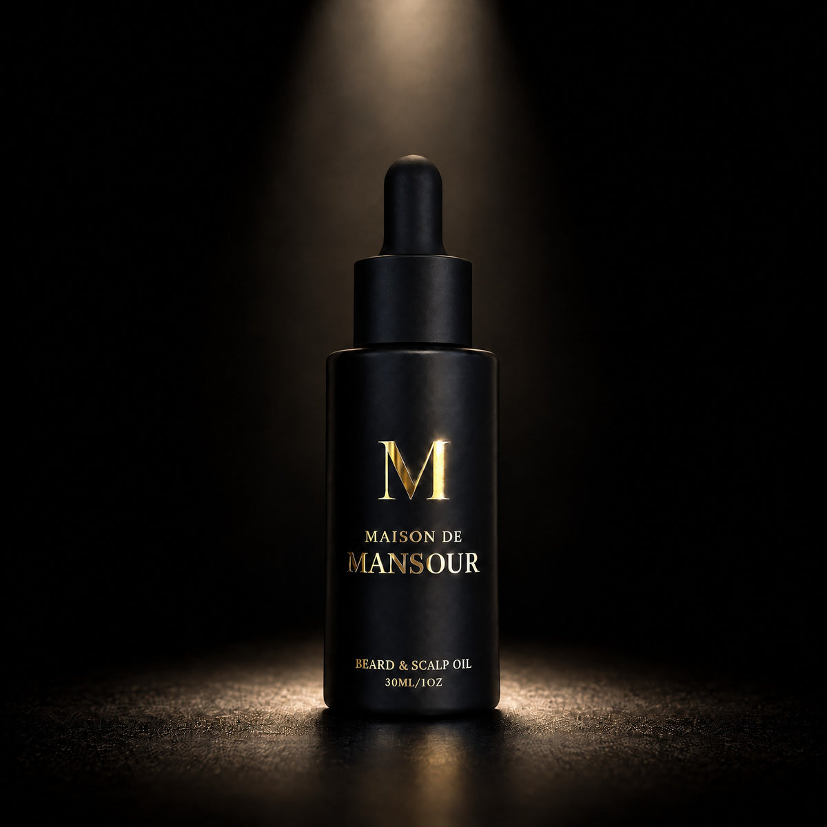 Maison de Mansour Beard & Scalp Oil, matte black 30ml dropper bottle under a spotlight