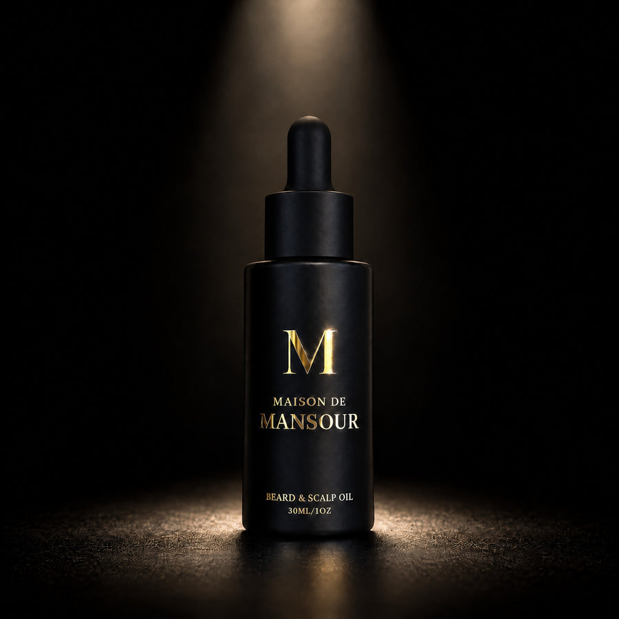Maison de Mansour Beard & Scalp Oil, matte black 30ml dropper bottle under a spotlight