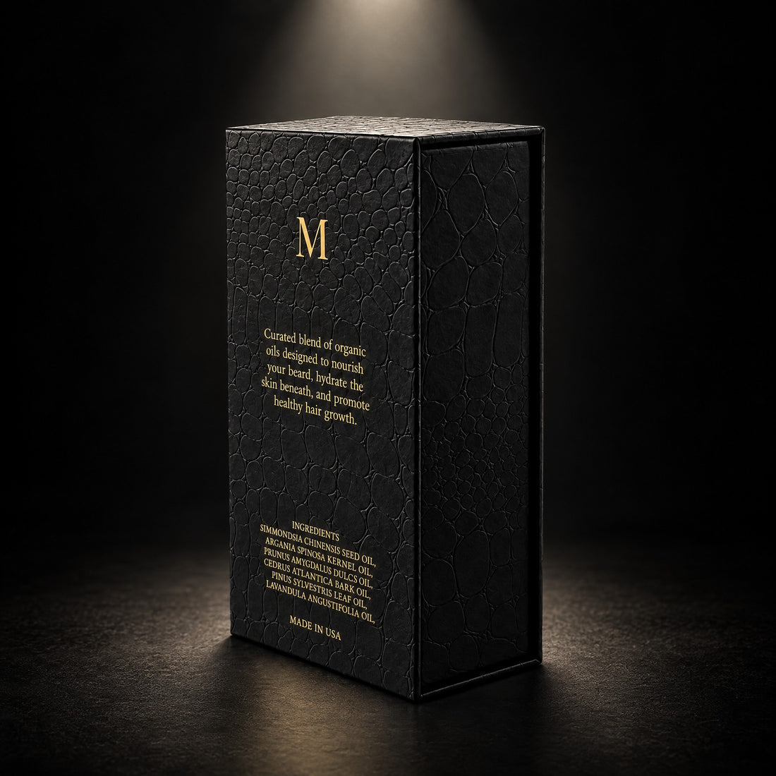 Back of the Maison de Mansour gift box, angled view