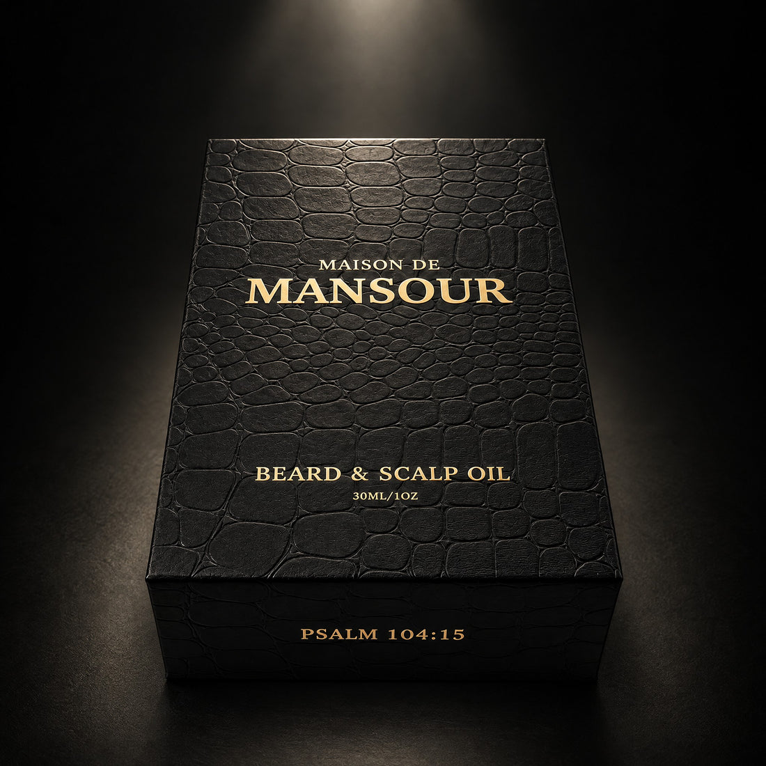 Maison de Mansour gift box with croc-embossed lid, gold foil lettering and Psalm 104:15