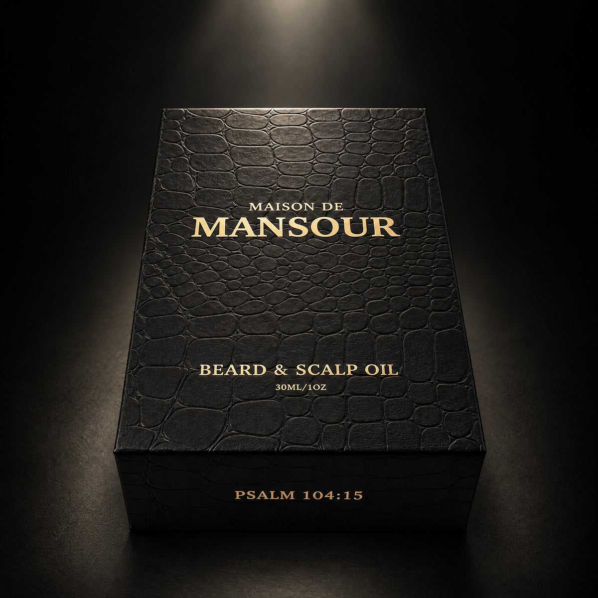 Maison de Mansour gift box with croc-embossed lid, gold foil lettering and Psalm 104:15