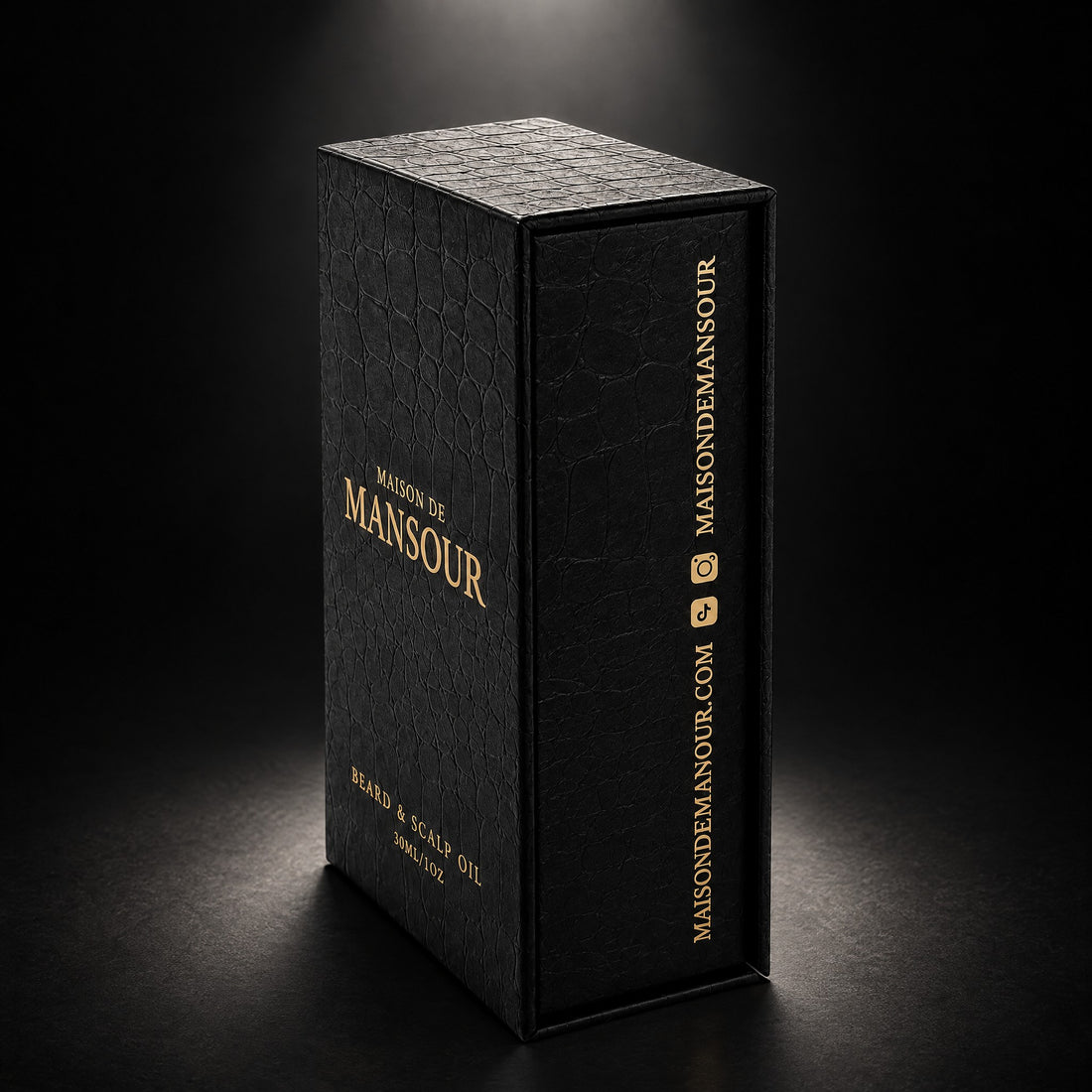 Maison de Mansour gift box, front and side printed with maisondemansour.com