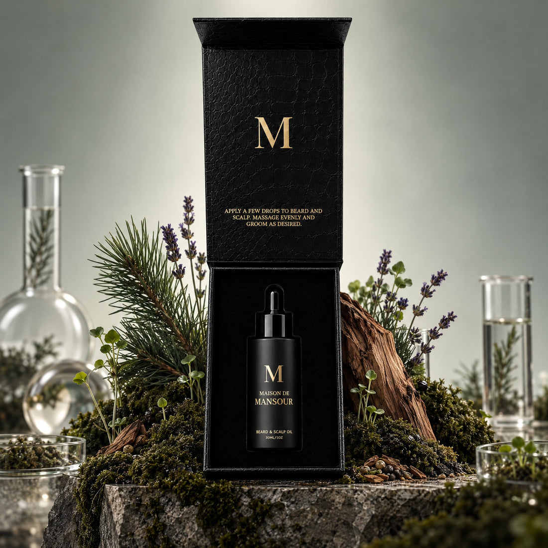 Open Maison de Mansour gift box with the bottle inside, among pine, lavender and cedarwood